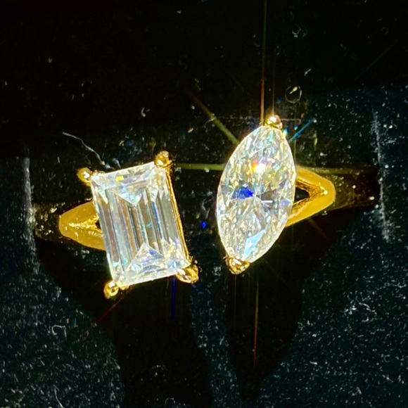 Jewelry - New 18K Gold Plated Toi-et-moi Marquise/Emerald cut Moissanite ring